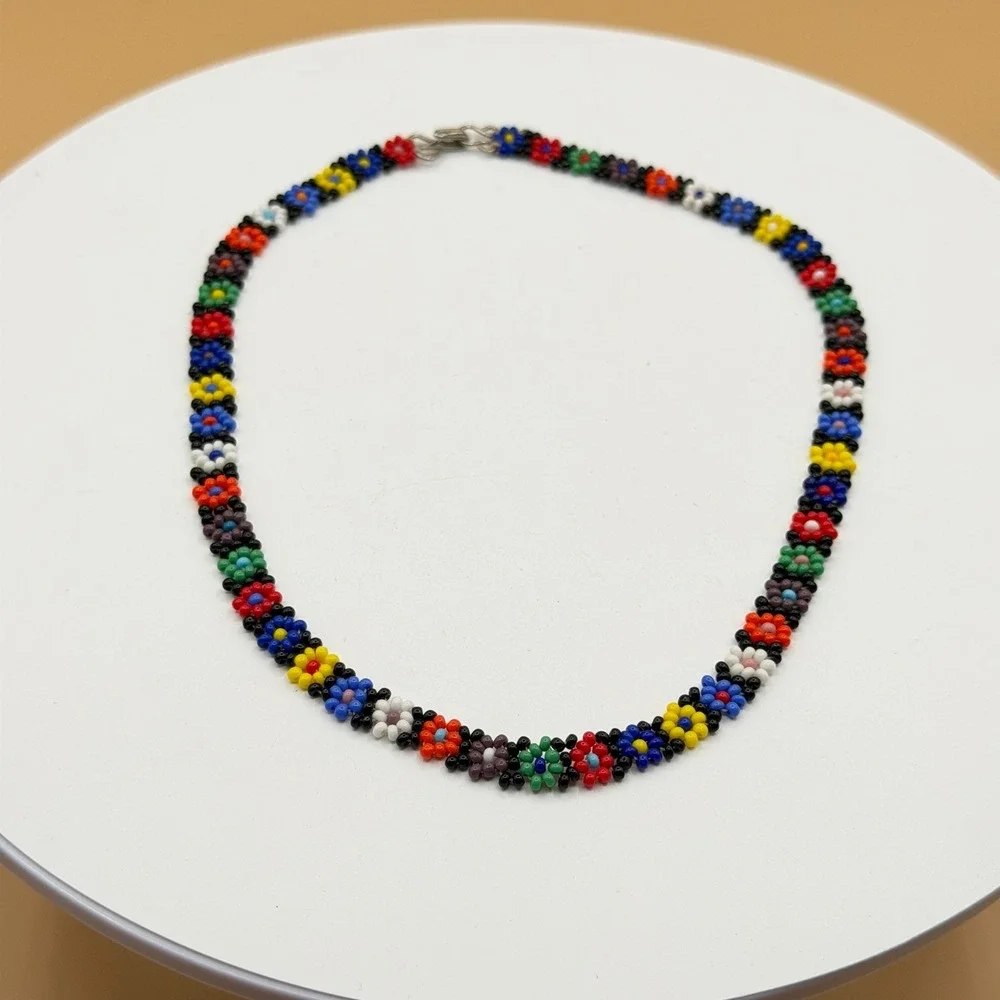 Multicolor Seed Bead Daisy Flower Choker Necklace Black Floral Boho Y2K Jewelry